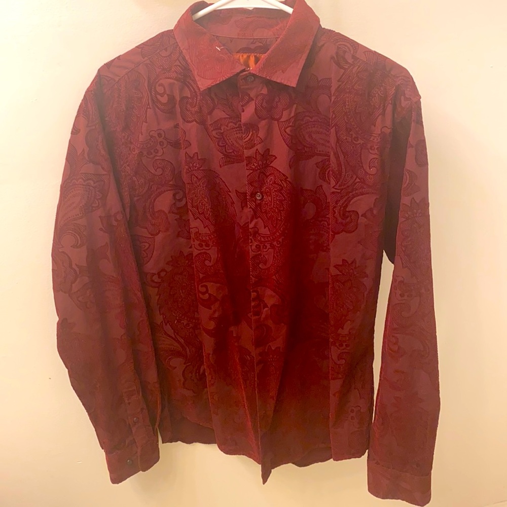 Burgundy Flower Embroidered Dress Shirt.